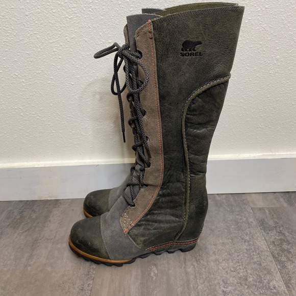 SOREL CATE THE GREAT WEDGE Women's 7 Charcoal Leather Tall Boots NL2175-030 - Picture 1 of 7
